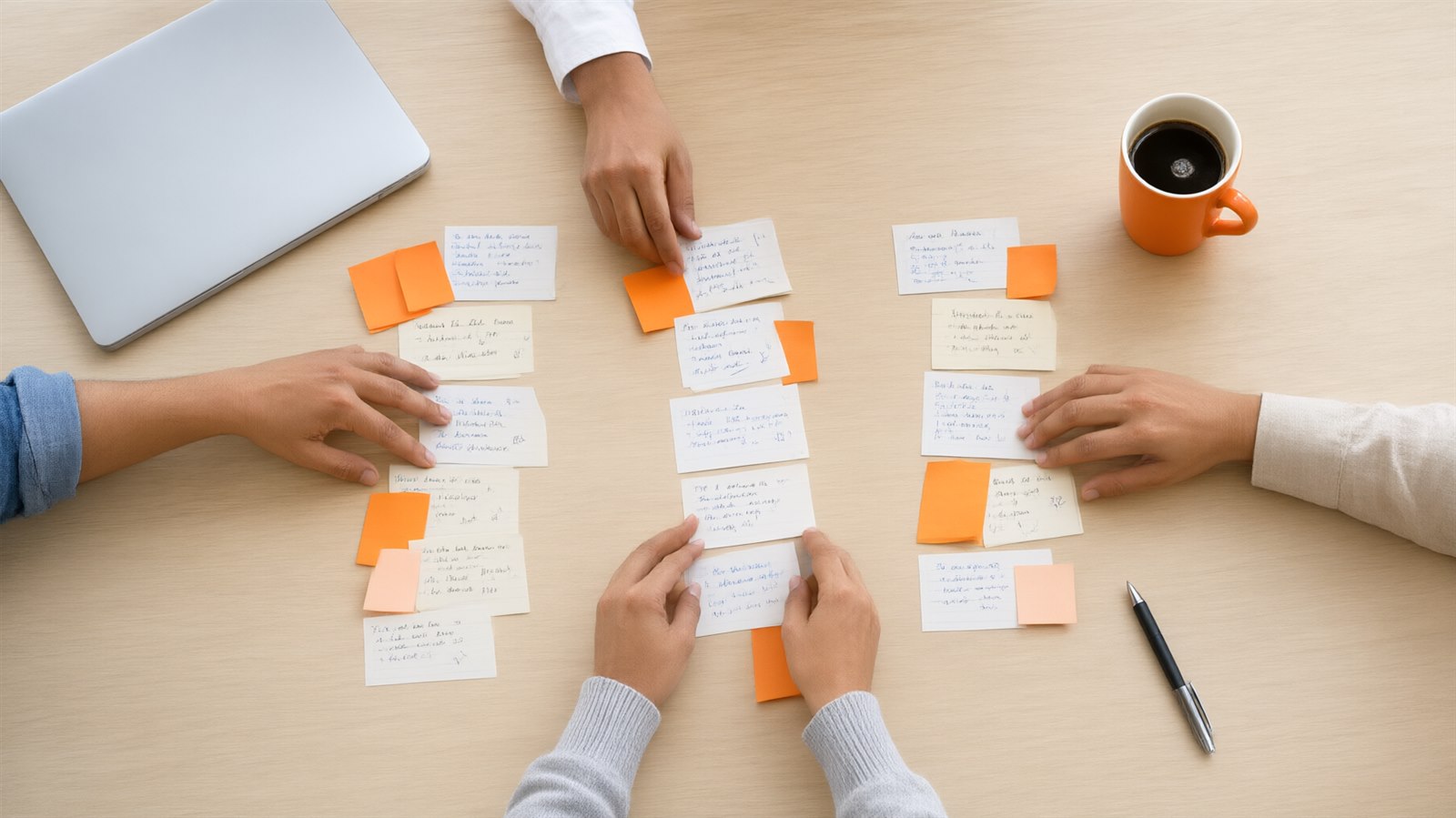 A team laying out cards on a meeting table to plan the modules of a training course